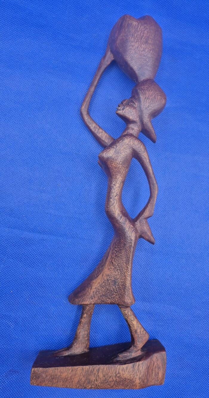 Mid-Century Handcarved African Wood Figurine Woman Carrying Bundle 12" Tall